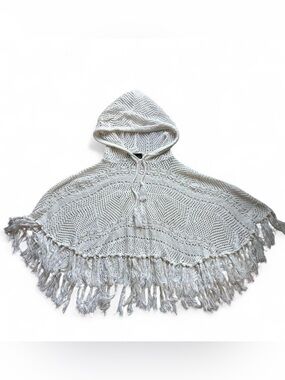 Cecil McBee Japanese Y2K Crochet Hooded Fringe Poncho Cream